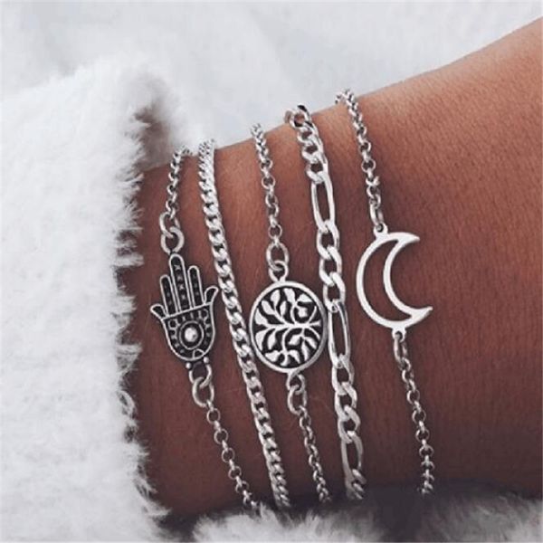 

5 pcs/set fashion bracelet silver hollow hand leaves moon bangles for women jewellery beach party friends gift, Black