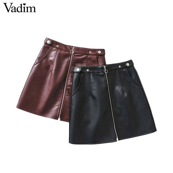 

vadim women pu leather black burgundy mini skirts pockets zipper fly faldas mujer solid female chic a line skirts ba366, Black;gray