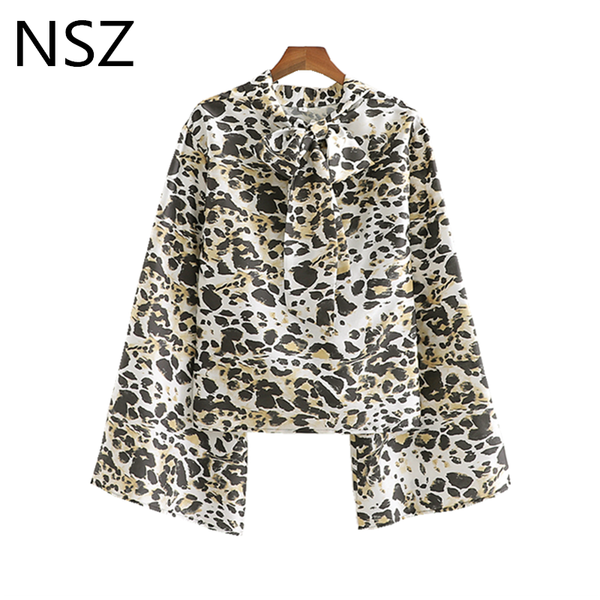 

nsz women animal printed leopard blouse vintage high neck bow tied shirt flare sleeve fashion ladies top, White
