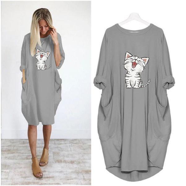 

dress women cartoon print pocket loose dresses vintage fall midi clothes party casual pregnant women plus size dress, Black;gray
