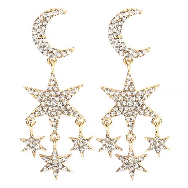 Wholesale-forma designer de luxo exagerado diamante espumante strass bonito linda lua estrela longa tassel garanhão brincos para mulheres meninas