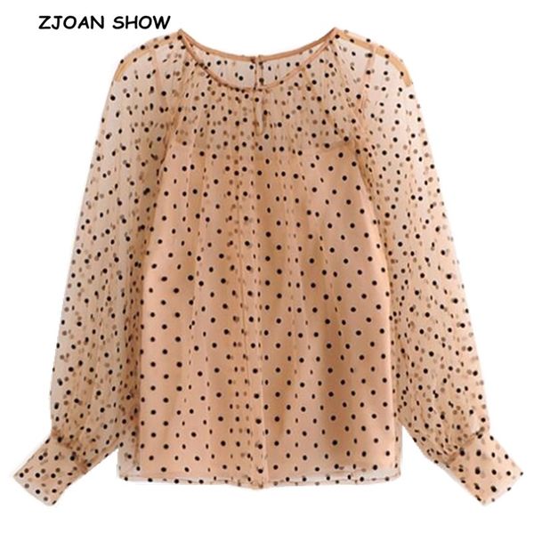 

2019 spring new round collar velvet black polka dot mesh shirt khaki with camis women long sleeve see through blouse blusas, White