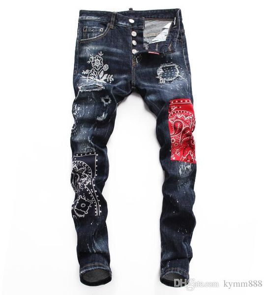 

european standing men's jeans, men's jeans, a pair of skinny jeans and black embroidered skulls#0015, Blue
