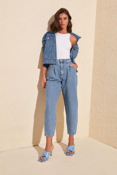 

trendyol pleated high waist balloon jeans twoss20je0282, Blue