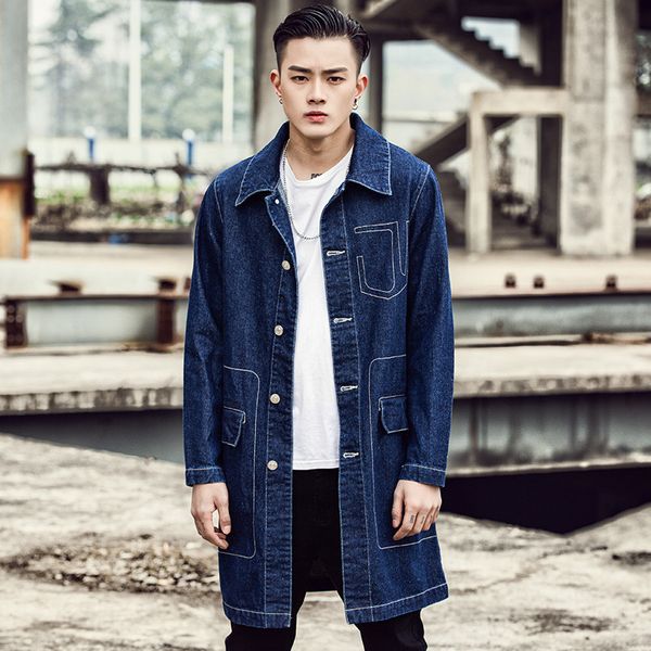 

japanese men's single breasted long denim casual jackets coats masculine vintage overcoats windbreaker streetwear trench, Tan;black