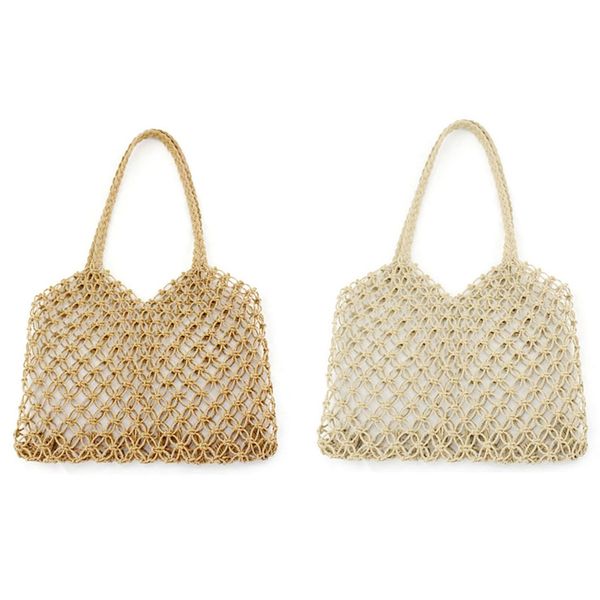 

2 шт новый ручной работы пустотелый соломенный мешок бумажная веревочная сетка без подкладки женская пляжная сумка, бежево-коричневый