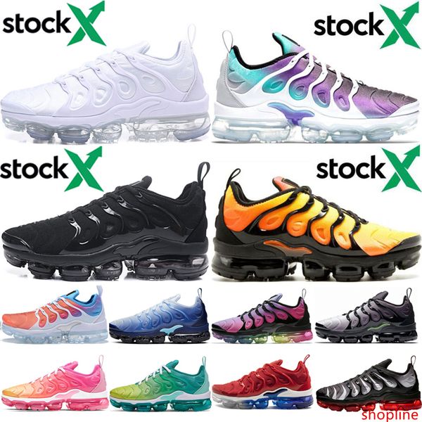 

stock x tn plus triple black white men running shoes bumblebee sunset violet rainbow grape women mens trainer fashion sports sneaker runners