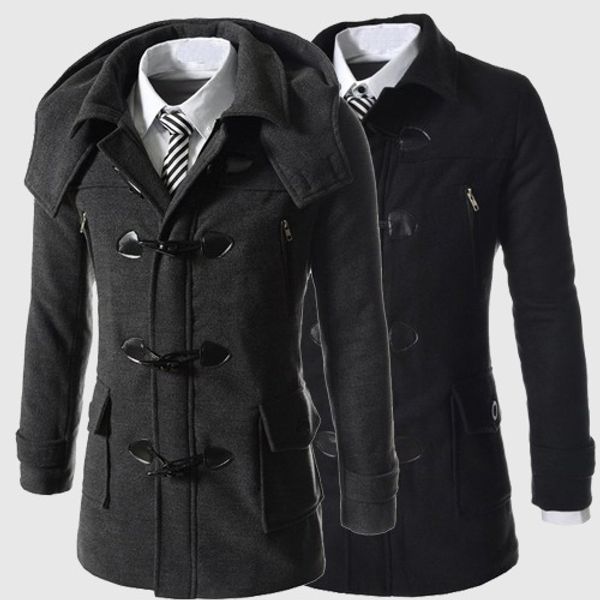 

winter men wool horn button coats casual overcoat fashion wool coat windbreaker jacket mens peacoat mens sa-8, Black