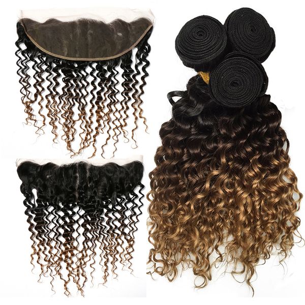 

brazilian ombre deep wave bundles with 13*4 lace frontal ear to ear 100% remy human hair weaves ombre bundles 1b/4/27 color, Black;brown