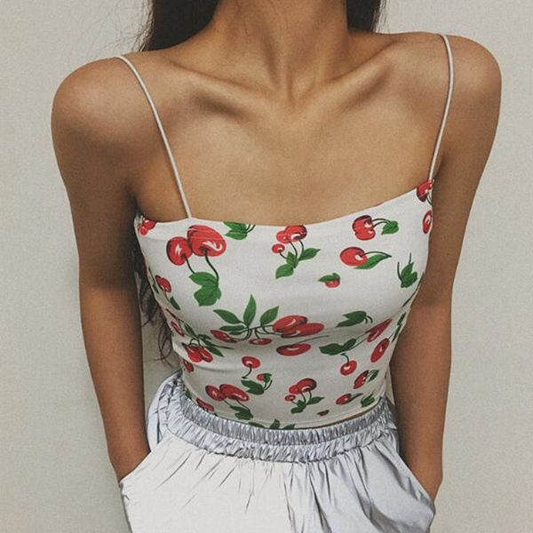 

2019 fashion women's summer camisole spaghetti strap sleeveless cherry print tank short casual vest crop camis, White