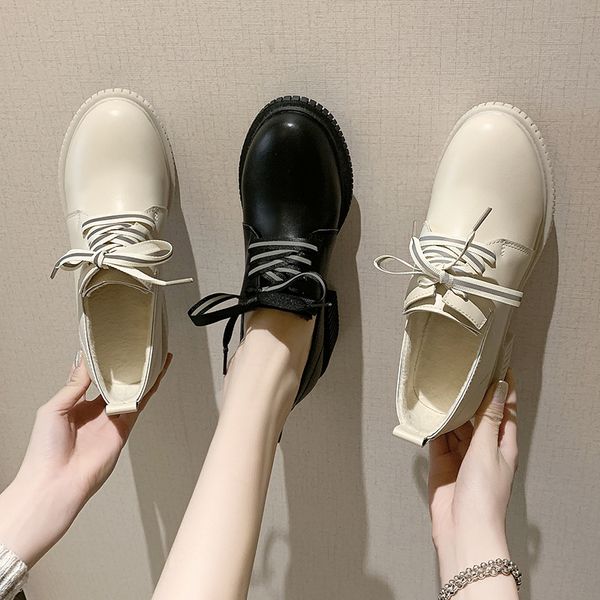 

british style shoes woman flats all-match casual female sneakers oxfords women's round toe preppy dress cross winter leather, Black