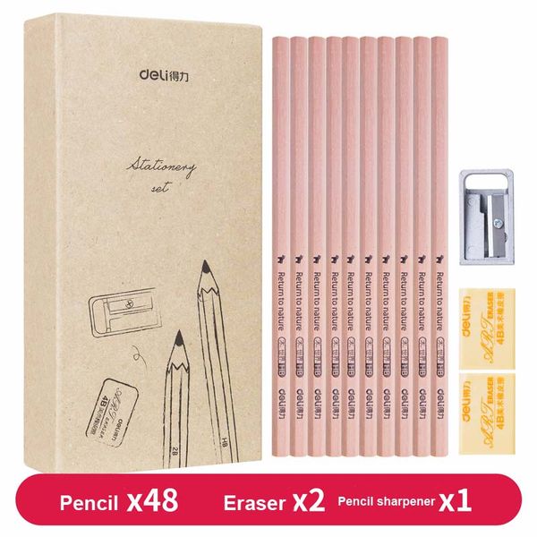 

deli 51pcs/pack wood student stationery set pencils (36 hb + 12 2b) + 2 rubber 1 pencil sharpener gift school supplies 27031