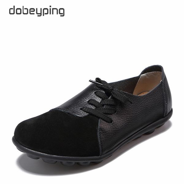 

dobeyping new genuine leather women flats spring autumn woman shoes lace up women's loafers solid female casual shoe size 35-44, Black