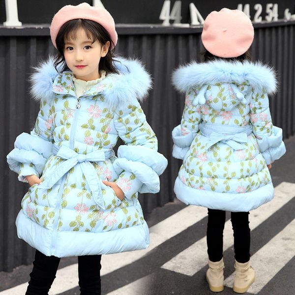 

девушки зимнее пальто 2018 дети толстые parka пальто с капюшоном меховой воротник теплая одежда дети хлопок проложенные куртки для девочек, Blue;gray