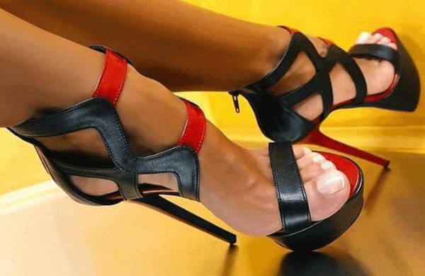

shoes woman cutouts ankle strap high heel height 16cm with peep toe zip platform heels women sandals mixed colors gladiator, Black