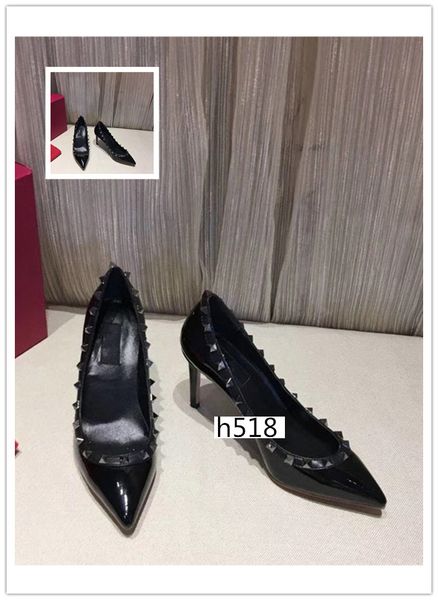 

luxury patent leather women pointed toe studs pumps rivet stiletto high-heeled shoes wedding dress shoes 8.5cm wholesale, Black