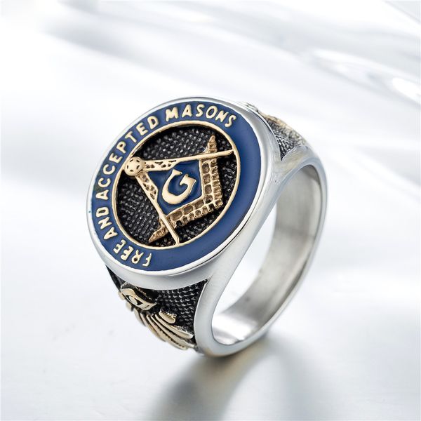 

масонство дизайн ювелирных изделий 316l титановая сталь фигурные кольца синего и золотого цвета кольца для мужчин бесплатная доставка, Silver