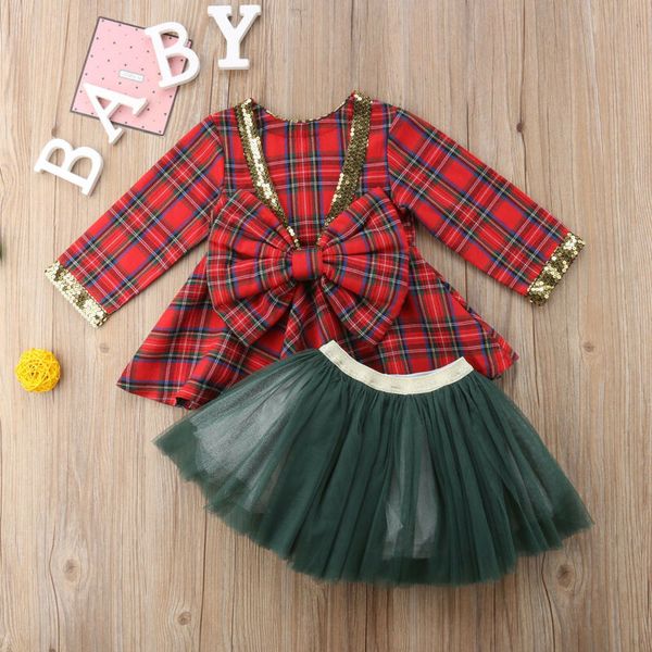 

princess costume christmas outfits set for little girl kids baby plaid dress+tutu skirts 2pcs girls clothes 1-6y, White