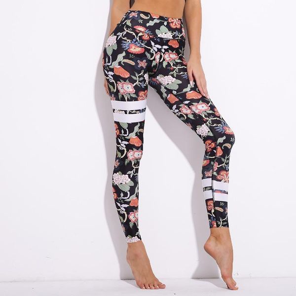 

zc-70 flower printing sport leggings female high waist yoga pants fitness drawstring gym running tights women training pants, Black;blue