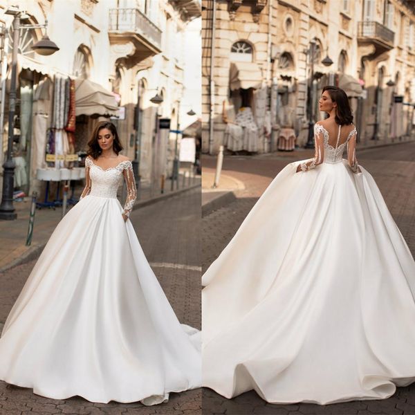 

new fashion a-line wedding dresses v neck long sleeve boat neck lace appliques beach bridal gowns sweep train wedding dress vestidos, White