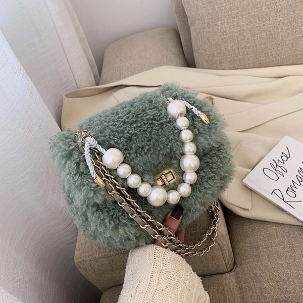 

women handbag 2019 new winter designer fashion lamb hair small square bag pearl fur chain shoulder messenger bag