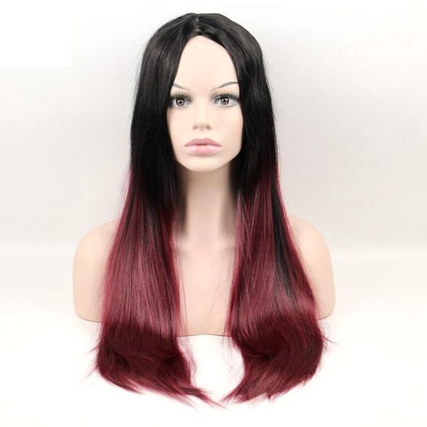 

fashion women's gradient color long straight centre-parted hair wig wine red hair for chic girls cosplay show party, chemical fiber wig, Black