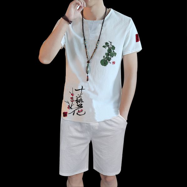 

summer fashion men's shirts embroidery 2 piece set floral short sleeve men's sets casual shorts suits chinese style, Gray
