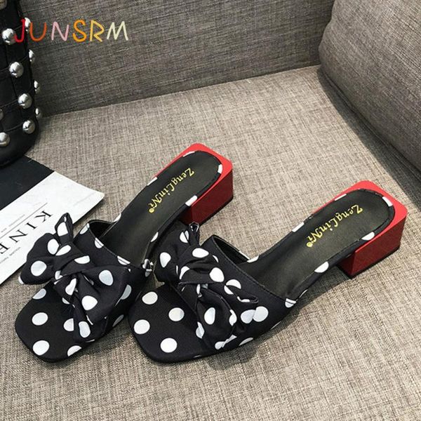 

junsrm women peep toe casual bow knot pot square heels summer slipper slip on breathable beach summer sandals shoes, Black
