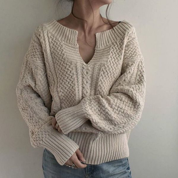 

women winter knitted sweater female autumn v neck casual loose solid color pullovers knitwear jumper pull femme, White;black