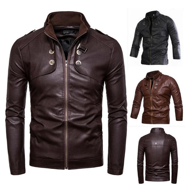 

pure color mens designer jacket stand collar buttons zipper mens cardigan coats fashion biker teenager apparel, Black;brown
