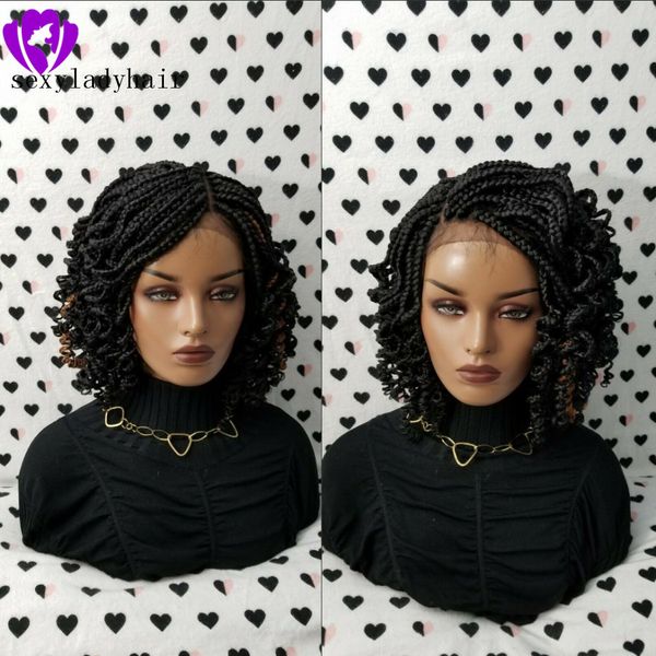 Qualidade superior 1b micro trança com pontas encaracoladas perucas dianteiras do laço sintético curto trançado peruca resistente ao calor cabelo para mulher negra