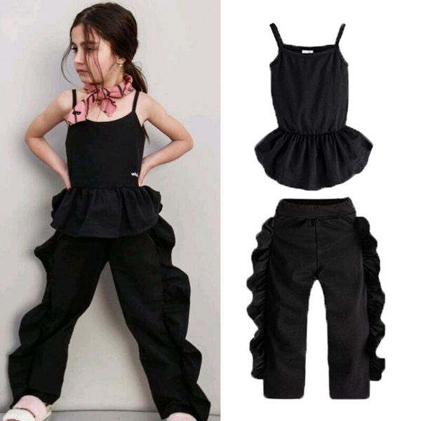 

newborn kids baby girls sleeveless strap ruffles pants outfits clothes set, White