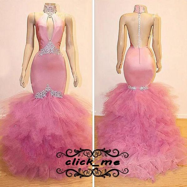 

pink ruffles mermaid prom dresses for women high neck 2k18 evening dress with beads sequins tiered tulle backless party gowns, Black