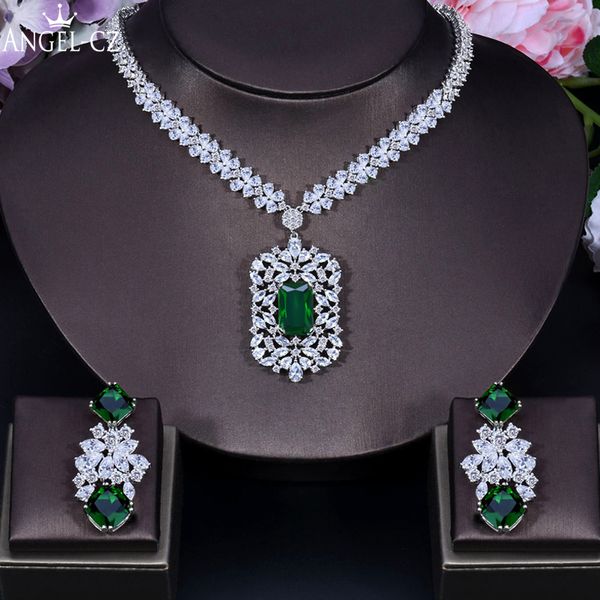 

angelcz elegant princess green cubic zirconia crystal square dangle earrings necklace party costume jewelry set for women 197, Silver