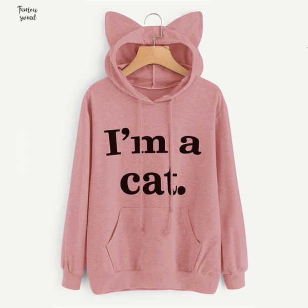 

women pullovers hoodies letter ears spring autumn cat print hooded fashion cotton sweatshirt female streetwear 102004, Black