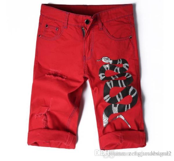 

animal embroidery mens summer designer short red jeans knee length stragiht regular homme clothing fashion style casual apparel, Blue