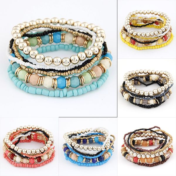 

Bohemian Multi layered Rice beads bracelets Set For women Ethnic crystal elasticity Beaded chains Bangle Fashion Boho Jewelry
