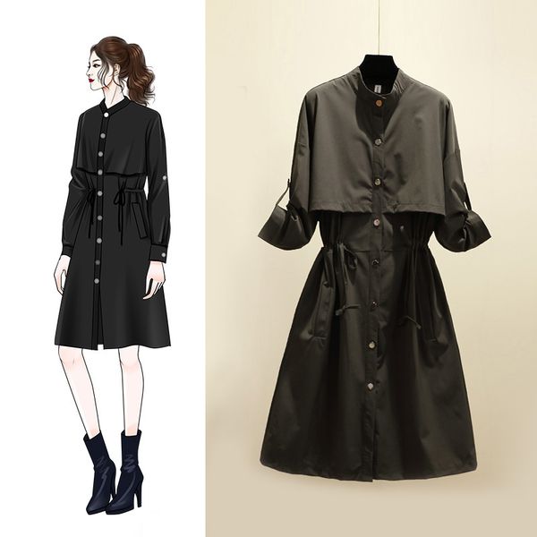 

autumn plus size 4xl women long trench coat long sleeve pleated slimming high waist a-line elegant high street huat female, Tan;black
