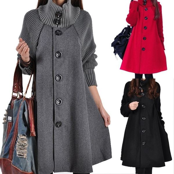 

zogaa new winter women's fashion woolen coat batwing sleeve overcoat outwear women loose cotton long coat cloak 5xl big size, Black