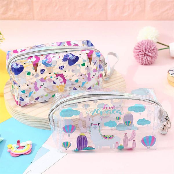 

transparent unicorn alpaca pencil case big zipper capacity school cosmetic bag storage pouch pen box school supplies gift