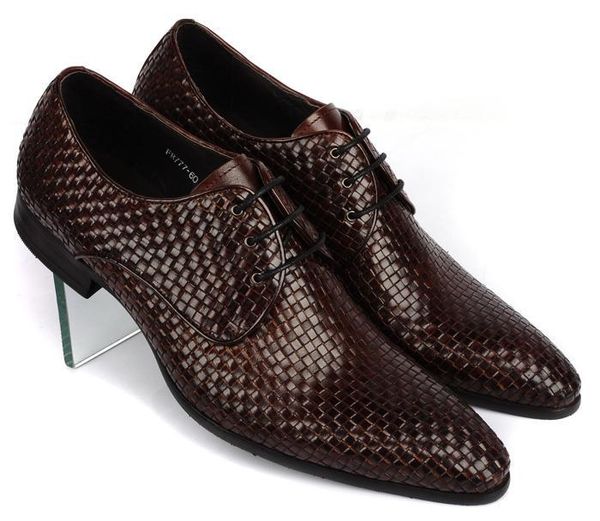 

knitted leather mens fashion business office dress shoes italian oxfords derby shoes pointed toe wedding party formal oxfords y200420, Black