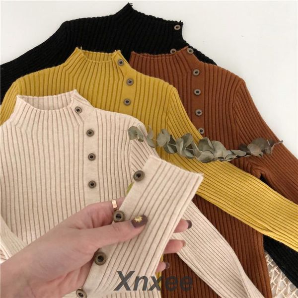 

turtleneck autumn winter women sweater button design long sleeve pullover jumper women sweater knitted pull femme xnxee, White;black