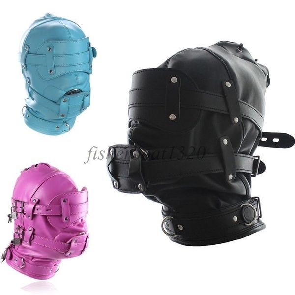 

open mouth gimp faux leather locking gag full blindfold eyes padded hood mask b901 ekesu