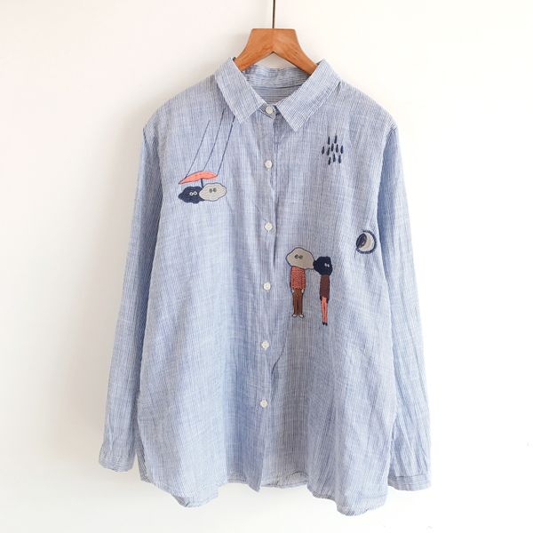 

2020 spring women's new stripes cartoon embroidered loose long-sleeved shirt women top, White