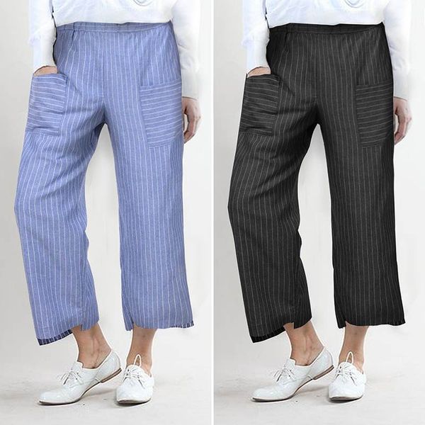 

2020 zanzea casual loose wide leg pants palazzo elastic waist trousers women vintage striped pants long plus size pantalon femme, Black;white