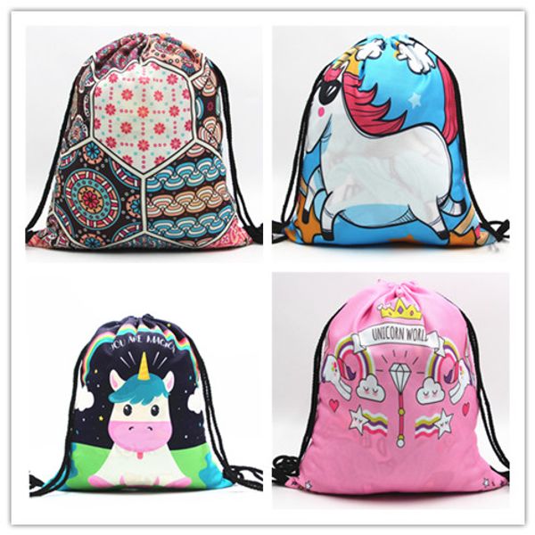 

2020 3d unicorn printed drawstring сумка оксфорд мультфильм flamingo рюкзаки спортивные сумки путешествия пляж хранения рюкзака тотализаторо, Black