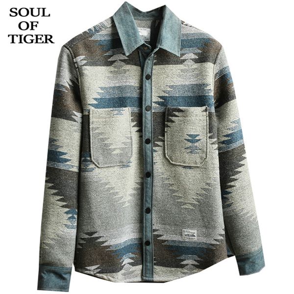 

soul of tiger england style mens fashion printed long sleeve shirts male vintage warm winter slim cotton clothes plus size, White;black