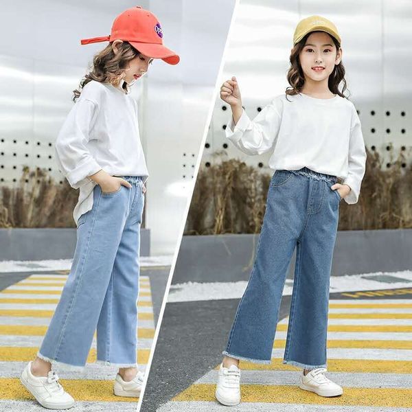 

girls autumn 2019 children's loose medium and large children's wear baby jeans jeans wide leg pants wide leg pants, Blue
