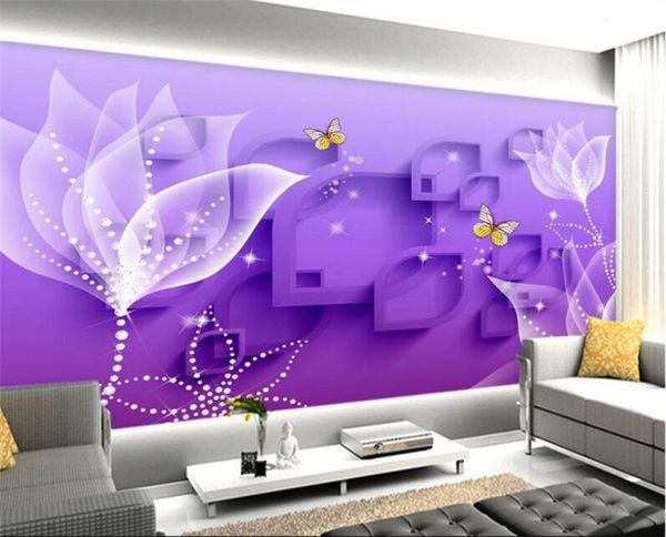 

3D Цветочная бабочка Обои Фиолетовая Настенная картина Нетканый для гостиной Home De