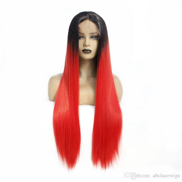 Fashion Long Straight Hair Ombre Black To Red Color Natural Soft